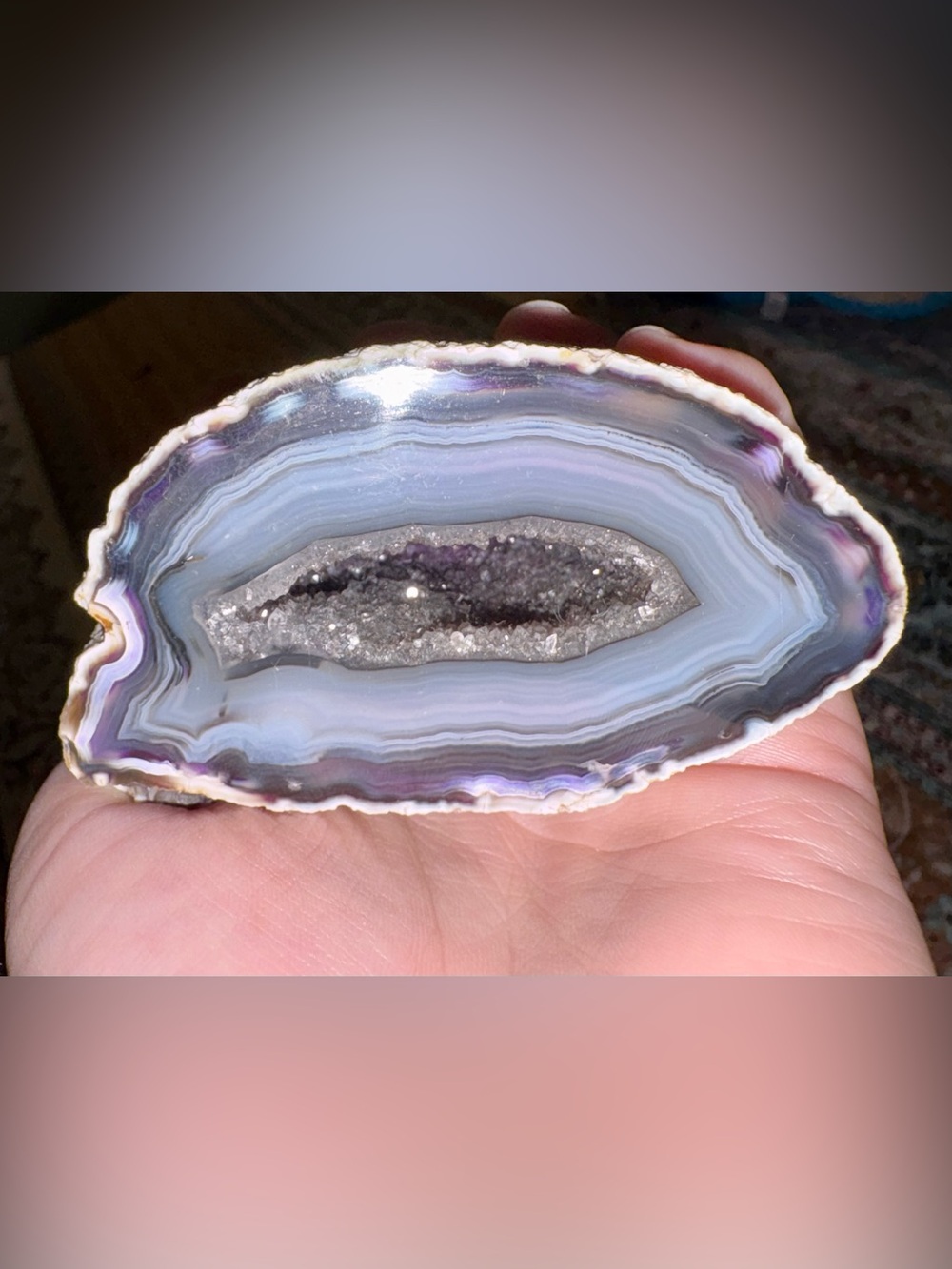 Polished Agate Geode Slice with Sparkling Crystal Center - Lavender Gray Hues